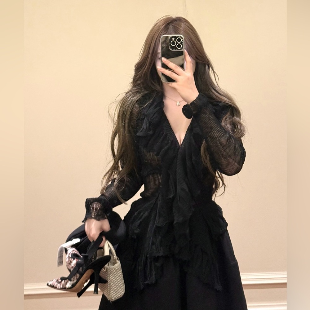 ✨Black Multi-Knit Ruffled Cardigan | Ruffled Trim & Sheer | Statement Piece